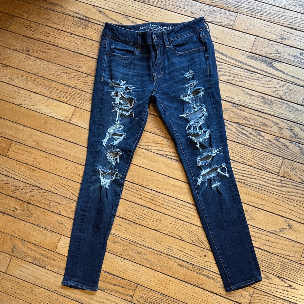 American Eagle Outfitters Women's Destructed Ripped Dark Blue Jeggings 4